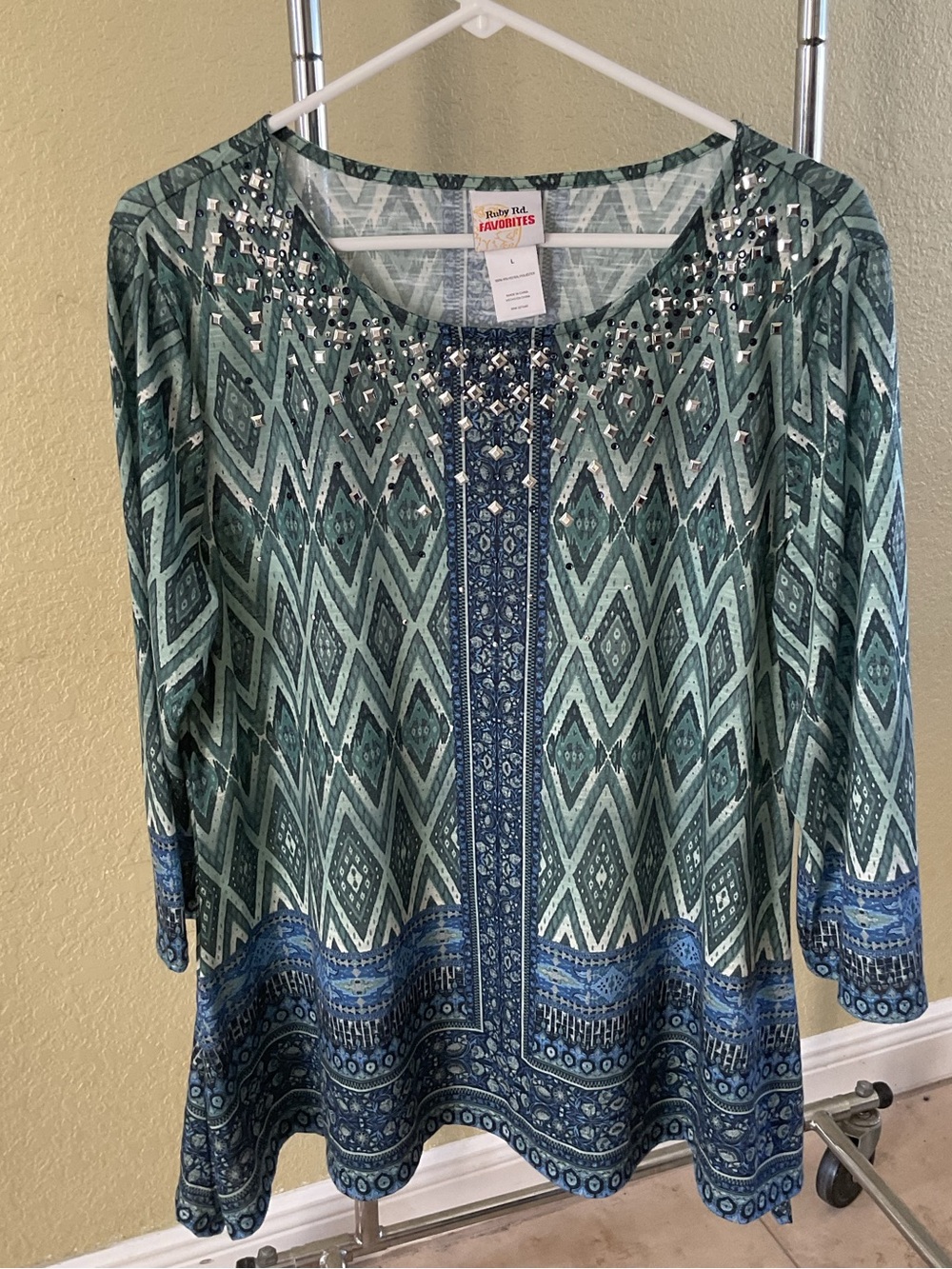 Ruby Rd. Green Blue Printed Scoop Neck Top with Embellished Neckline
